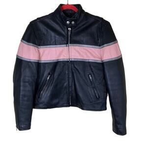 Hudson Leather Genuine Leather Moto Racing Jacket Black Contrasting Pink Sz L